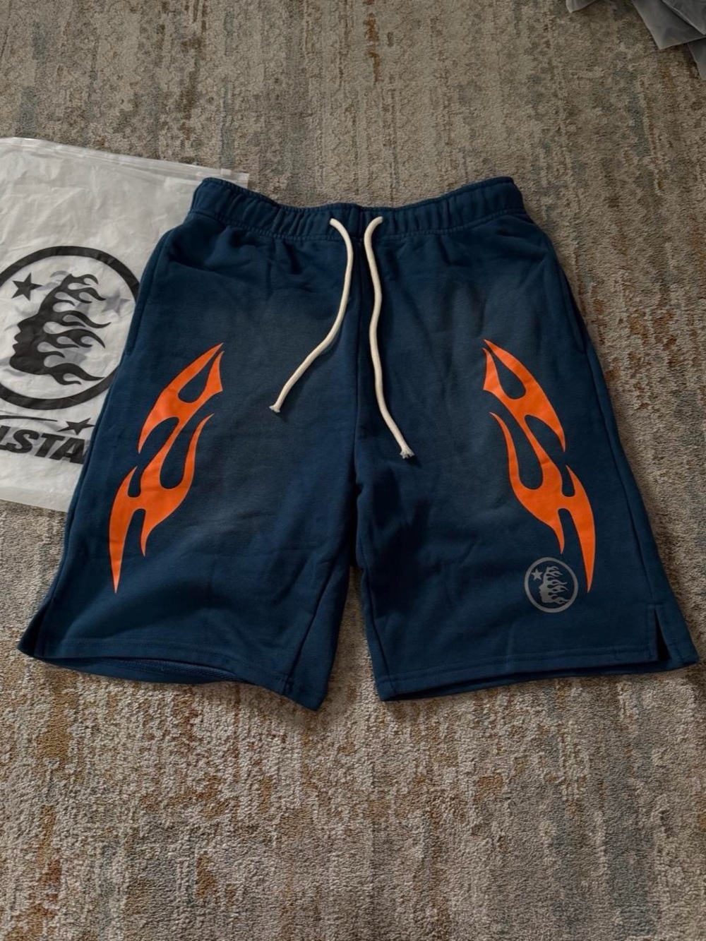 Navy Hellstar Shorts with Orange Flame Print